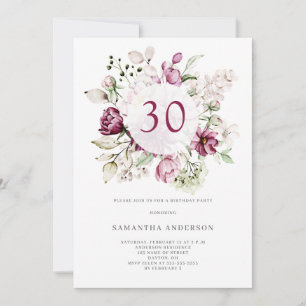 Convites Festa de aniversário de 30 anos Floral Rosa Elegan