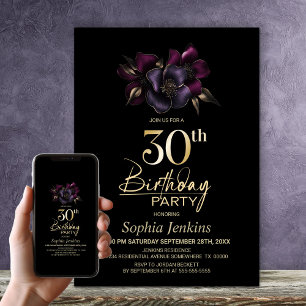 Convites Festa de aniversário de 30 anos Floral Rosa Preta