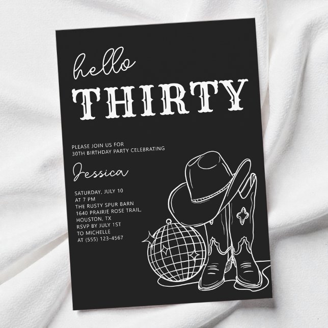 Convites Festa de Aniversário de 30 Anos no Estilo Western  (Thirty Black and White Western 30th Birthday Party Invitation)