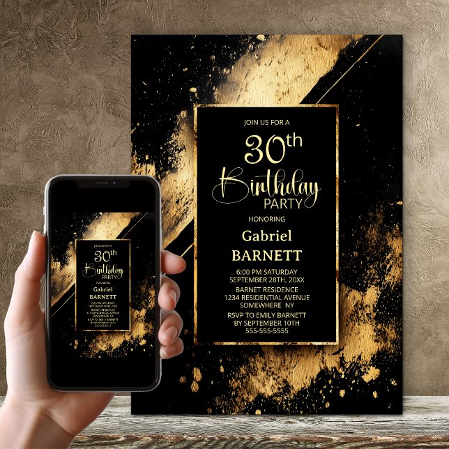 Convites Festa de Aniversário de 30 anos Preto e Dourado (Criador carregado)