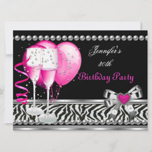 Convites Festa de Aniversário de 30 anos Rosa Zebra Preto C