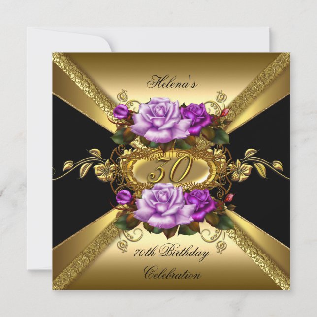 Convites Festa de Aniversário de 30 Anos Rosas Roxo Dourado (Frente)