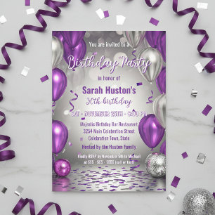 Convites Festa de Aniversário de 30 Anos Roxo e Prata Espel