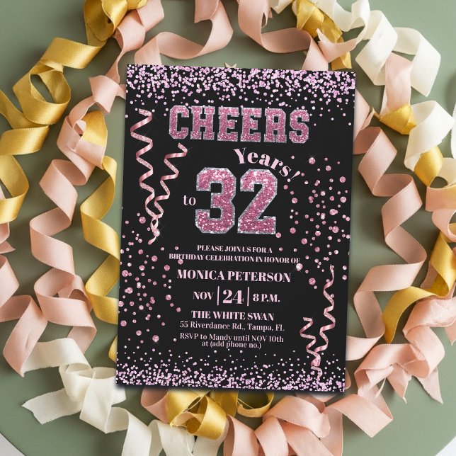 Convites Festa de Aniversário de 32 anos com Brilho Rosa  (Criador carregado)