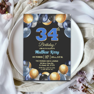 Convites Festa de Aniversário de 34 anos Azul Prata Dourado