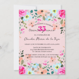 Convites Festa de Aniversário de 35 Anos com Floral Rosa Vi