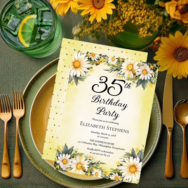 Convites Festa de Aniversário de 35 anos Elegant Daisies Ga (Elegant Daisies Garden Floral 35th Birthday Party Invitation - Print and/or Digital Download)