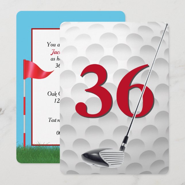 Convites Festa de Aniversário de 36 Anos com Tema de Golfe (Frente/Verso)