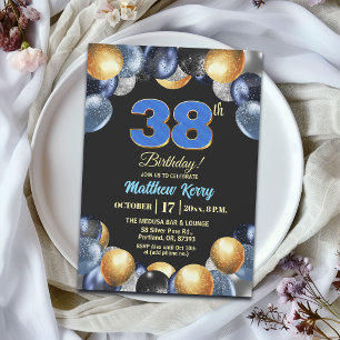 Convites Festa de Aniversário de 38 anos Azul Prata Dourado