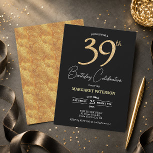 Convites Festa de Aniversário de 39 anos com Brilho Preto E