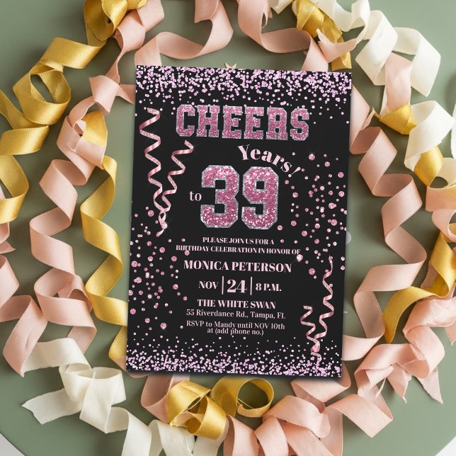 Convites Festa de Aniversário de 39 anos com Brilho Rosa (Criador carregado)