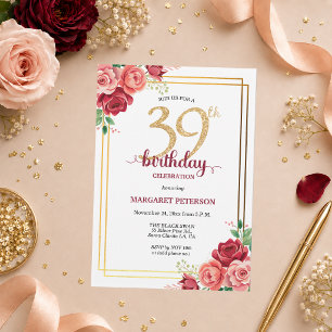 Convites Festa de Aniversário de 39 Anos Elegante Blush Dou