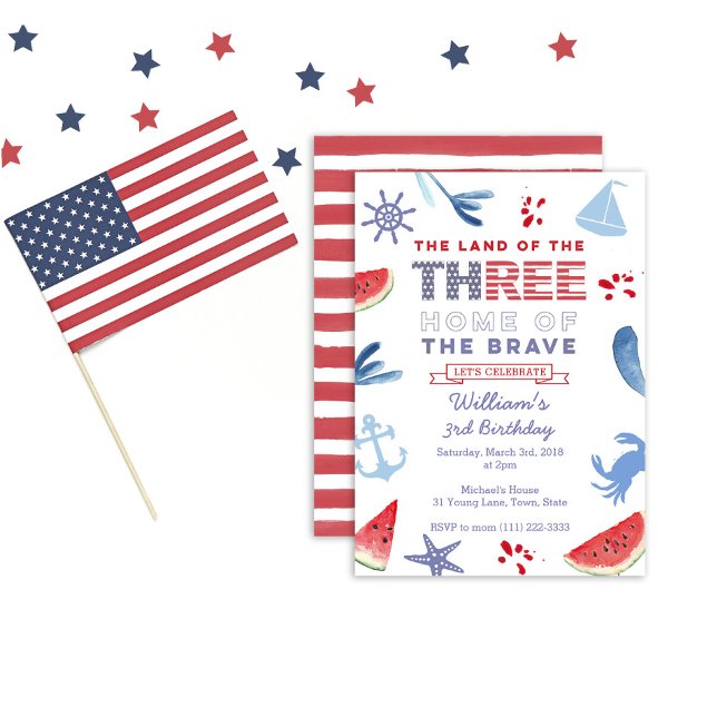 Convites Festa de aniversário de 3 anos Azul Branco Vermelh (Criador carregado)