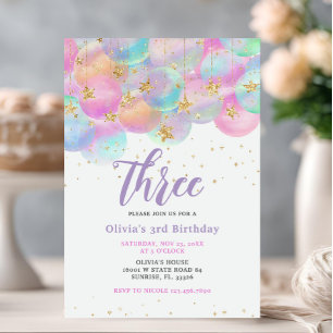 Convites Festa de Aniversário de 3 anos Balão Rosa Arco-íri