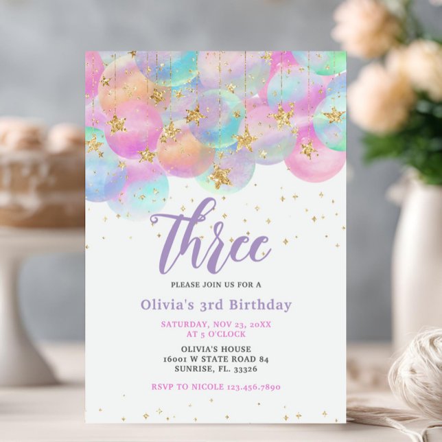 Convites Festa de Aniversário de 3 anos Balão Rosa Arco-íri (Criador carregado)