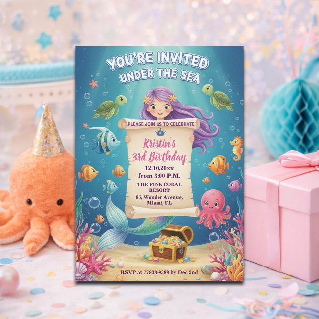 Convites Festa de Aniversário de 3 Anos da Sereia Rosa Deba (Criador carregado)