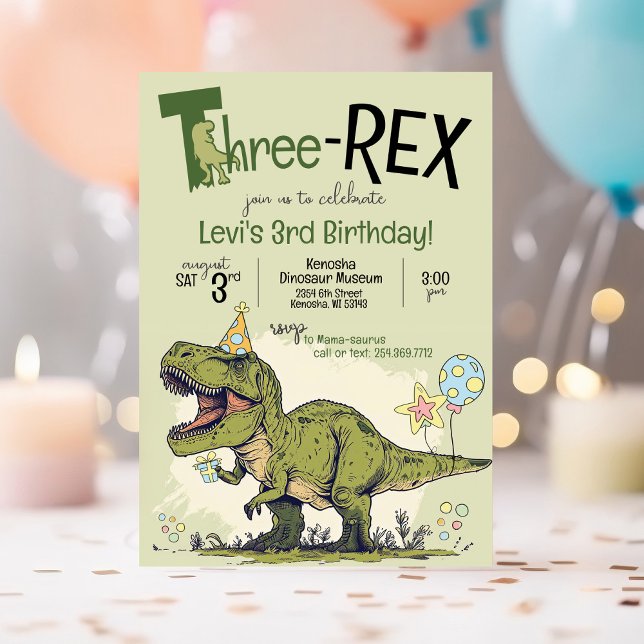 Convites Festa de aniversário de 3 anos de Cartoon de Dinos (Cute Cartoon T-Rex Dinosaur wearing a birthday hat, Three-Rex 3rd birthday party invitation, green)