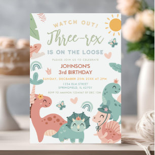 Convites Festa de aniversário de 3 anos do Dinossaur Pastel