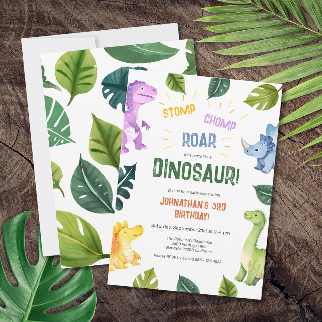 Convites Festa de aniversário de 3 anos do Dinossauro do Ch (Stomp Chomp Roar Dinosaur 3rd Birthday Party Invitation)