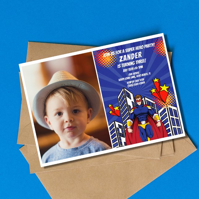 Convites Festa de aniversário de 3 anos do Theme Fotografia (Superhero Theme Photo Boys 3rd Birthday Party Invitation)