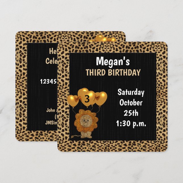 Convites Festa de aniversário de 3 anos infantil Cheetah co (Frente/Verso)