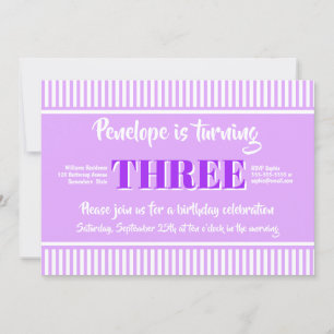 Convites Festa de aniversário de 3 anos roxo com tiras ros
