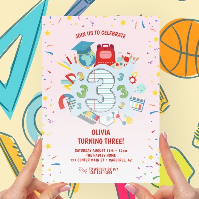 Convites Festa de Aniversário de 3 Anos Tema Escolar Rosa (Criador carregado)