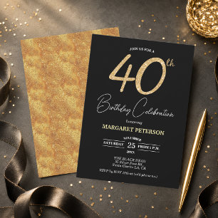 Convites Festa de Aniversário de 40 anos com Brilho Preto E