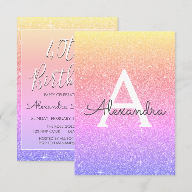 Convites Festa de aniversário de 40 anos com brilho roxo ro (Frente/Verso)