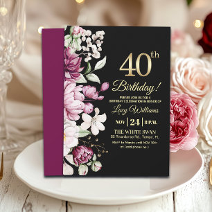 Convites Festa de Aniversário de 40 anos com Floral Dourado