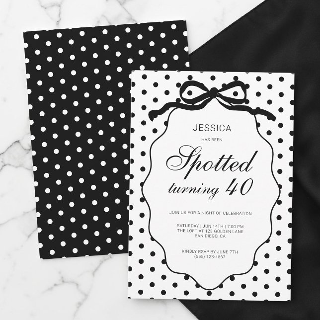 Convites Festa de Aniversário de 40 anos com Laço de Bolinh (Polka Dot Bow Spotted Turning 40th Birthday Party Invitation)