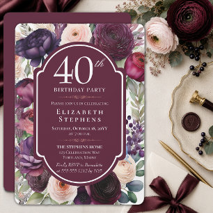 Convites Festa de Aniversário de 40 anos com Ranúnculo Flor