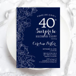 Convites Festa de aniversário de 40 anos da Surpresa Branca<br><div class="desc">Convite de festas aniversário de 40 anos azul-marinho e branco-surpresa. Design minimalista moderno com sotaques botânicos e letra de escrita tipográfica. Simples cartão de convite floral perfeito para uma festa surpresa na moda. Pode ser personalizado para qualquer idade. Impressos convites Zazzle ou modelo de impressão digital instantânea para download.</div>