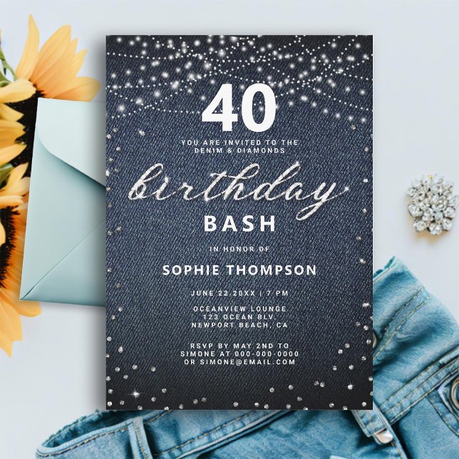Convites Festa de aniversário de 40 anos das Luzes Russas d (denim diamonds 40th birthday invitation for women elegant modern rustic lights classy rhinestones)