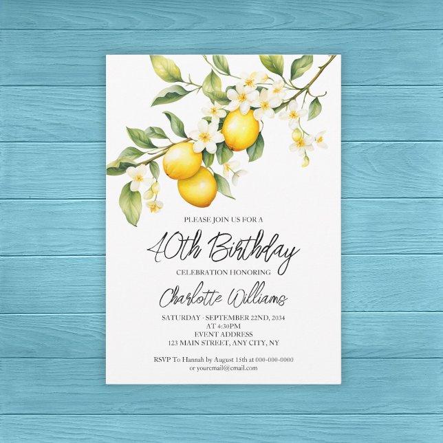 Convites Festa de aniversário de 40 anos de Aquarela do Tem (Lemon Theme Watercolor 40th Birthday Party Invitation
)