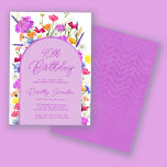 Convites Festa de aniversário de 40 anos de Bicho de Flor S<br><div class="desc">Um arco de Boho roxo rodeia seus detalhes de aniversário de 40 anos. Flores silvestres coloridas adicionam um toque floral em roxo, amarelo alaranjado e vermelho. A escrita moderna também em roxo adiciona uma vibração de tendência que também é feminina. O dorso é roxo profundo com um sutil padrão de...</div>