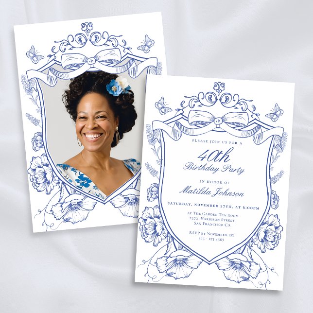 Convites Festa de aniversário de 40 anos de Fotografia Pers (Blue Floral Custom Photo 40th Birthday Party Invitation)