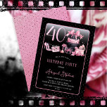 Convites Festa de aniversário de 40 anos de Moda Preta Glam<br><div class="desc">Design de aniversário de 40 anos "40", cor-de-rosa e preta, inspirado na sutura francesa, apresentando um bolo de caixa de chapéu, estilettos cor-de-rosa e um saco de maquilhagem entre vários presentes de aniversário e cupcakes lúcidos. Perfeito para comemorar ocasiões de aniversário. A idade é criada em uma fonte ineditável cor-de-rosa-claro....</div>