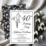 Convites Festa de aniversário de 40 anos de Neves Elegante<br><div class="desc">Neve elegante,  mês de nascimento,  design de "Partido aniversário de 40 anos" do design floral com um motif floral de queda de neve com um padrão floral de queda de neve preto e branco atrás.</div>