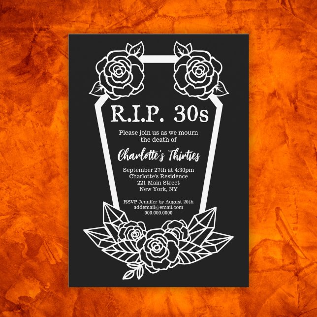 Convites Festa de aniversário de 40 anos de Rosa de de de   (Rip 30s Black Roses Coffin 40th Birthday Party Invitation
)