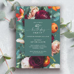 Convites Festa de aniversário de 40 anos de Teal Floral Mod<br><div class="desc">Um convite de aniversário floral de outono moderno numa paleta de cor rica em tons de joias de cor verde, vermelho burgundy, laranja russet, e rosa pincelado cria uma bela borda floral ao redor do seu texto. Estas cores são frequentemente utilizadas desde o final do Verão até ao outono e...</div>