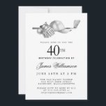 Convites Festa de aniversário de 40 anos do Golfe Branco Ne<br><div class="desc">Aniversário elegante preto e branco para um golfista. O topo do convite é decorado com acessórios de golfe - um clube de golfe, bola de golfe, chapéu e luvas. A design de aquarela cria uma estética tradicional e clássica. Perfeito para uma festa de aniversário no clube ou um CHURRASCO de...</div>