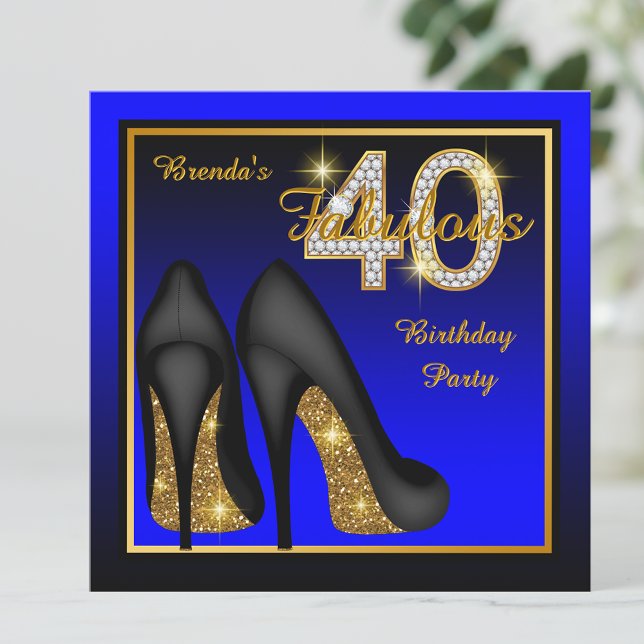 Convites Festa de Aniversário de 40 Anos Fabulosa Azul Real (Royal blue gold diamond number 40th birthday party invitation.)