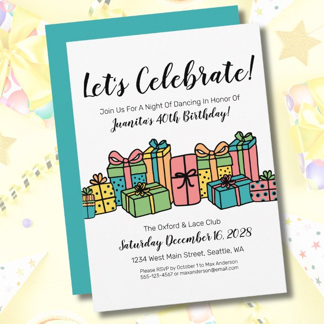 Convites Festa de aniversário de 40 anos Feliz Colorida (Cute Fun Presents Colorful Happy Birthday Party Invitation)