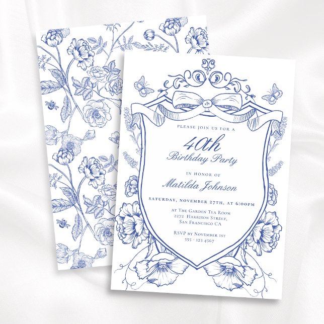 Convites Festa de aniversário de 40 anos Floral Azul (Blue Floral 40th Birthday Party Invitation)