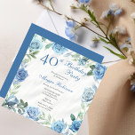 Convites Festa de aniversário de 40 anos Floral de Rosa Azu<br><div class="desc">Elegante azul e branco com cinza verde-verde-verde-verde-rosa floral quadro de festa de aniversário design.</div>