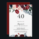 Convites Festa de aniversário de 40 anos Floral do Marinho<br><div class="desc">Este convite de festas floral de marinho cor-de-rosa-arrojado é perfeito para uma festa de aniversário rústica. O design apresenta cor-de-água rosa,  pincel,  marinho,  colheres azuis e burgundy,  rosas com folhagem verde que se juntam perfeitamente em buquês elegantes.</div>