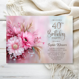 Convites Festa de Aniversário de 40 Anos Floral Rosa Elegan