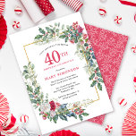 Convites Festa de aniversário de 40 anos Holly Floral de Ro<br><div class="desc">Um quadro de férias delicado e festivo contém rosas vermelhos e brancos aninhados em folhas sagradas e de eucalipto. O nome e o ano de aniversário da celebrante são escritos em um bonito vermelho. Perfeito para uma festa de aniversário de inverno. Fácil de personalizar.</div>