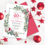 Convites Festa de aniversário de 40 anos Holly Floral de Ro<br><div class="desc">Um quadro de férias delicado e festivo contém rosas vermelhos e brancos aninhados em folhas sagradas e de eucalipto. O nome e o ano de aniversário da celebrante são escritos em um bonito vermelho. Perfeito para uma festa de aniversário de inverno. Fácil de personalizar.</div>